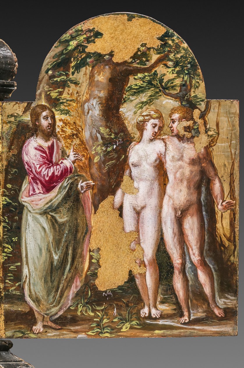 Bærbar alterbakside: Adam og Eva vendt mot den evige far, detalj av 2384587 (tempera grassa på panel) av El Greco