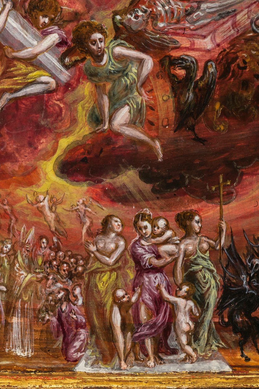Bærbart alter: sentralpanel som viser en allegori om den kristne ridder, detalj av 2384586 (tempera grassa på panel) av El Greco