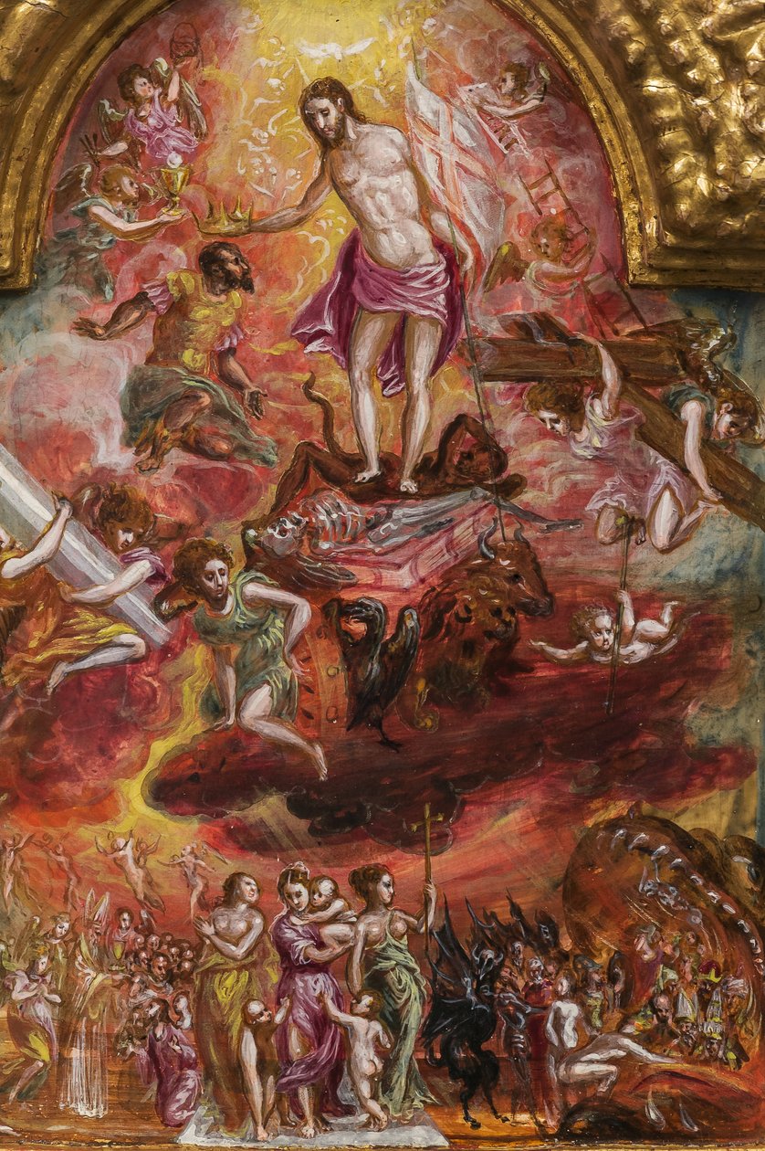 Bærbart alter: sentralpanel som viser en allegori om den kristne ridder, detalj av 2384586 (tempera grassa på panel) av El Greco