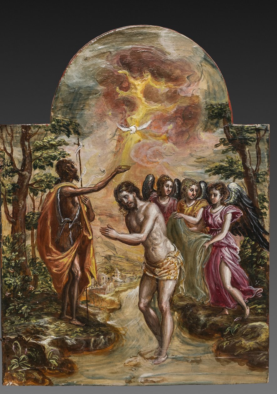 Bærbart alter: høyre dørpanel som viser Kristi dåp, detalj av 2384586 (tempera grassa på panel) av El Greco