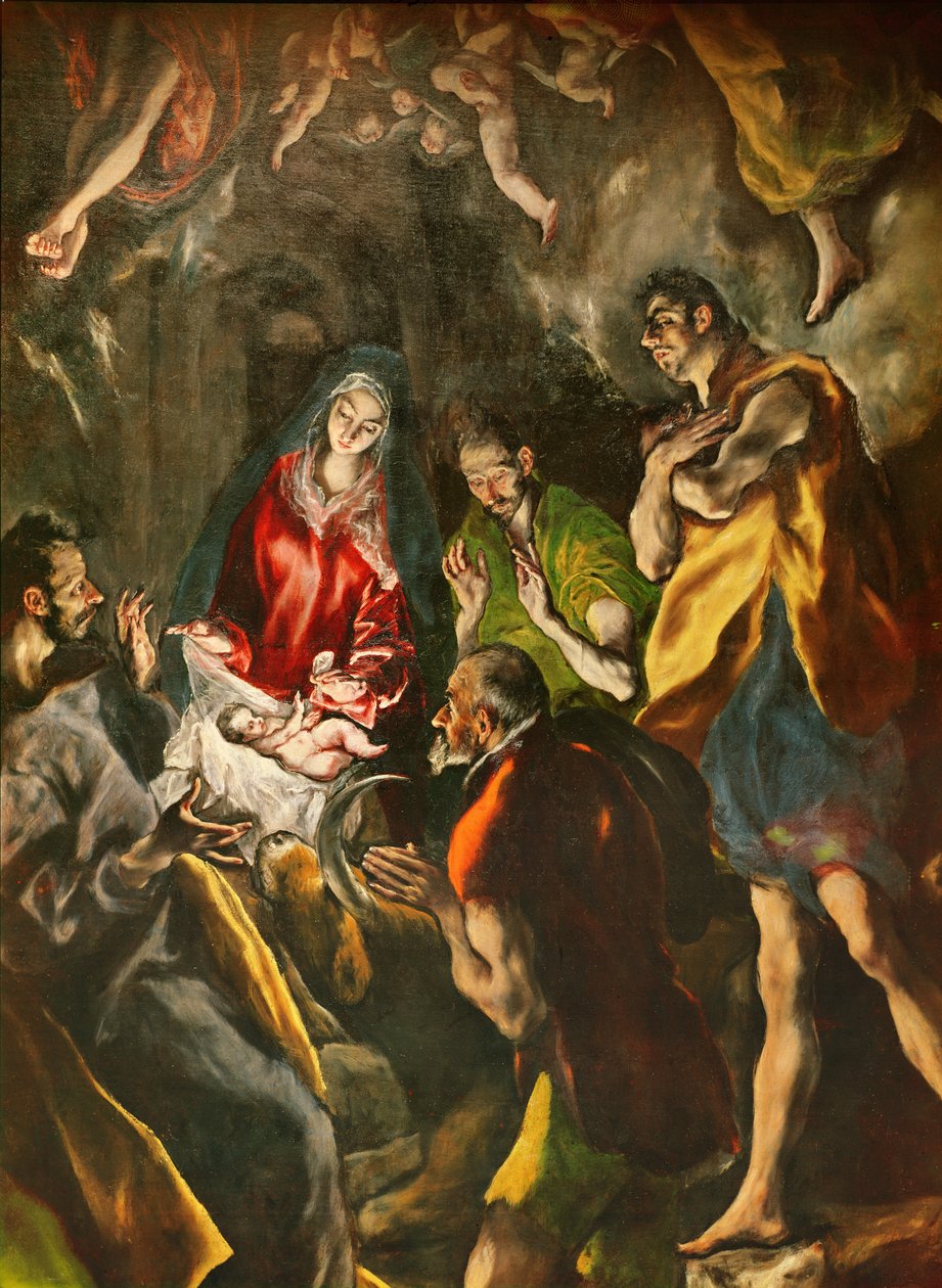 The Adoration of the Shepherds (detalj av gjeterne gruppert rundt barnet), ca. 1603-14 (olje på lerret) av El Greco