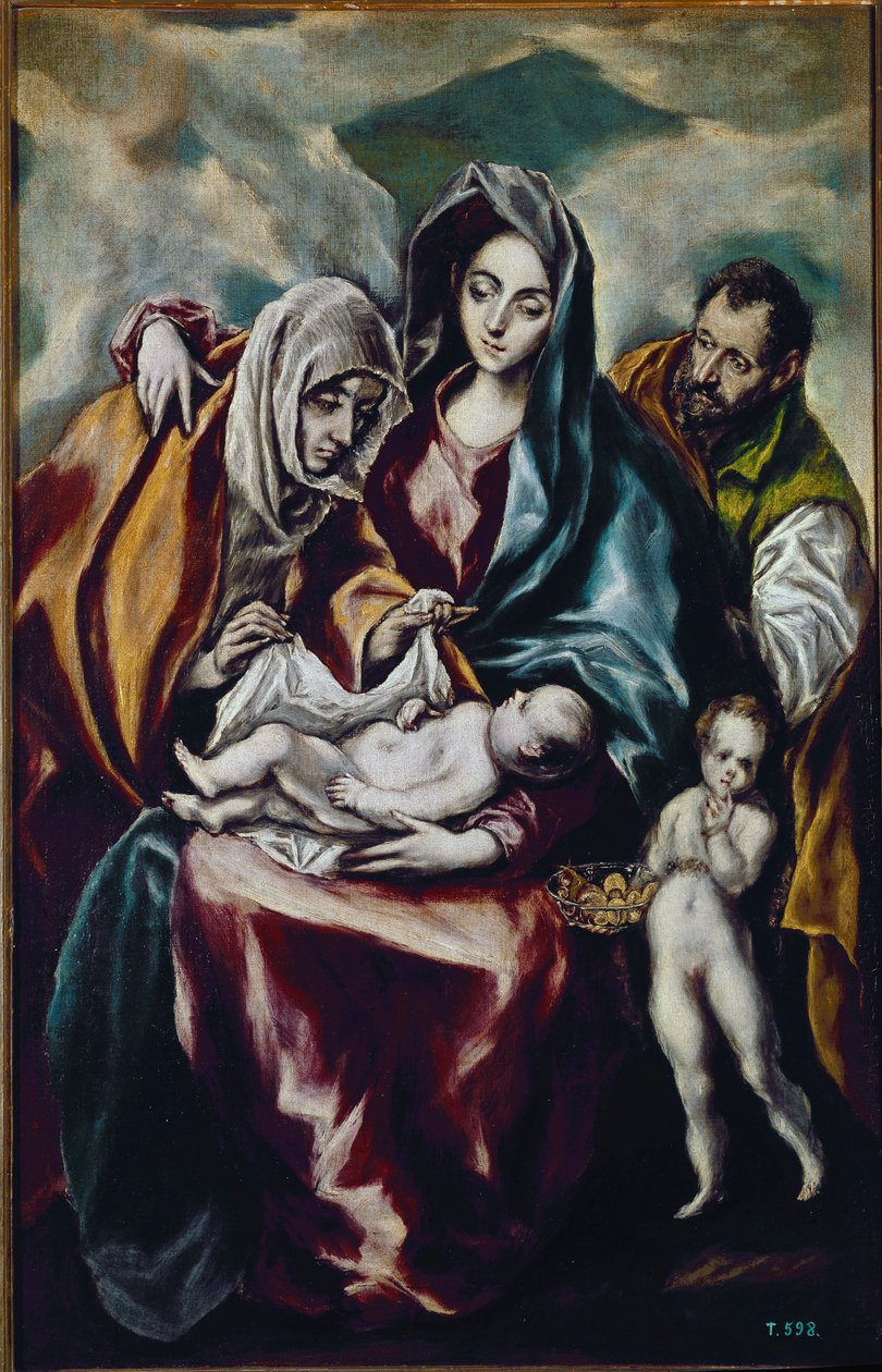 Jomfru og barn (den hellige familie med døperen Johannes og den hellige Anne) (olje på lerret av El Greco