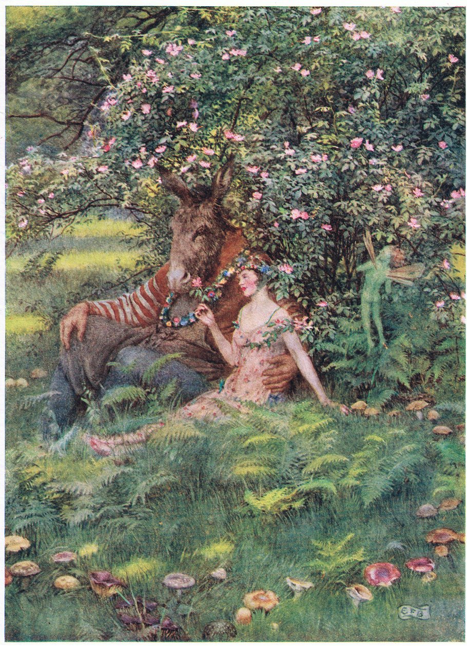 Bottom og Titania: "Kom og sett deg ned på dette blomsterbedet" (litho) av Eleanor Fortescue-Brickdale
