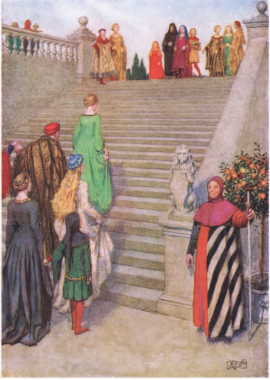 Dante og Beatrice første møte: «På mitt syn sa kraften. (litho) av Eleanor Fortescue Brickdale