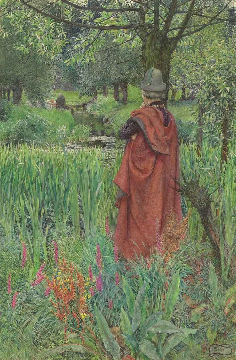 Lancelot og Elaine: Farvel, fair Lily (blyant og akvarell forsterket med kroppsfarge og skrape ut på papir) av Eleanor Fortescue Brickdale