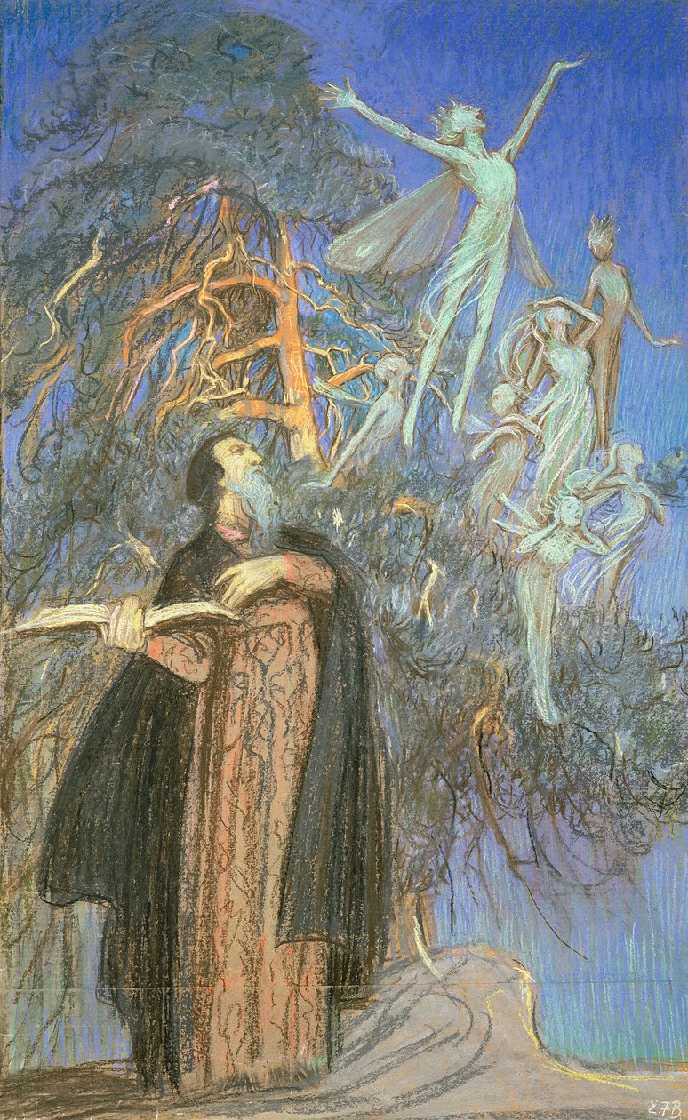 Prospero og Ariel, en studie for et tapt bilde bestilt for Broadcasting House, London, ca. 1931 (pastell på papir) av Eleanor Fortescue-Brickdale