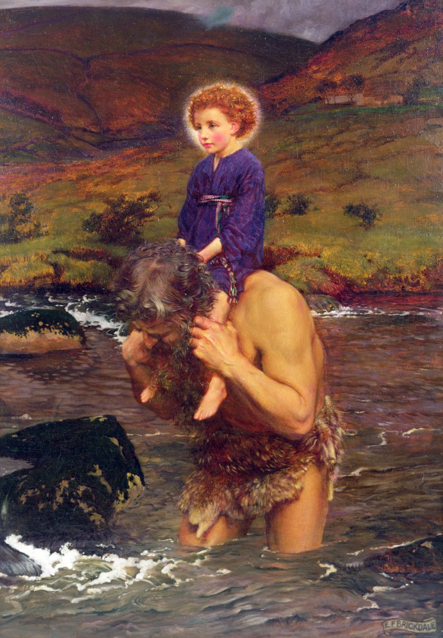 St. Christopher som bærer Kristusbarnet (olje på lerret) av Eleanor Fortescue Brickdale