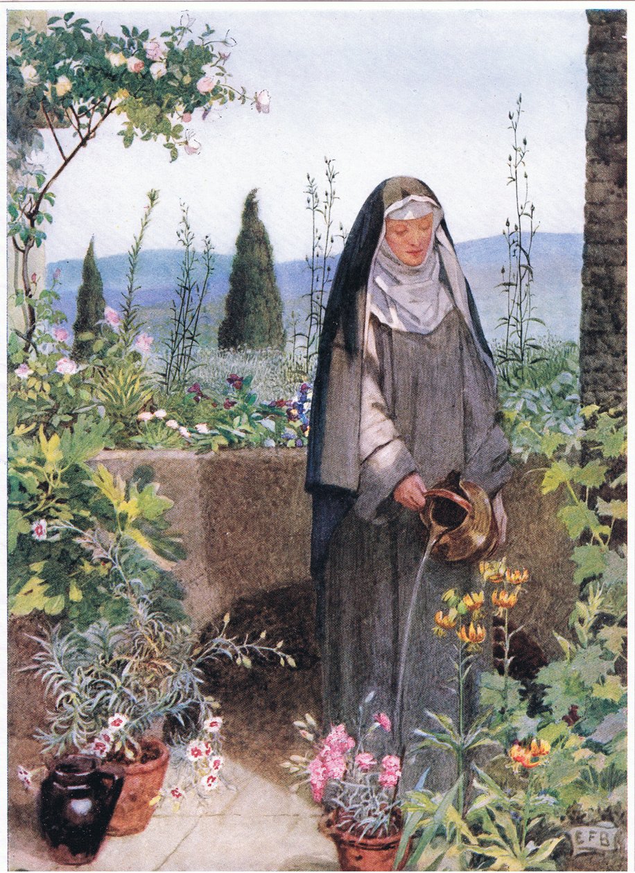 St Clare i hagen til klosteret hun grunnla (litho) av Eleanor Fortescue Brickdale