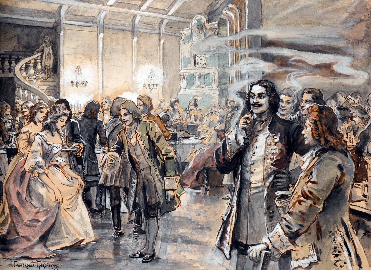 Påskefeiring ved Peter den stores hoff (Pierre le grand) - Peinture de Elena Petrovna Samokish Sudkovskaya (Samokish-Sudkovskaya) (1863-1924) - Akvarell, Gouache på papp, 25,38x35 - Privat samling av Elena Petrovna Samokish Sudkovskaya