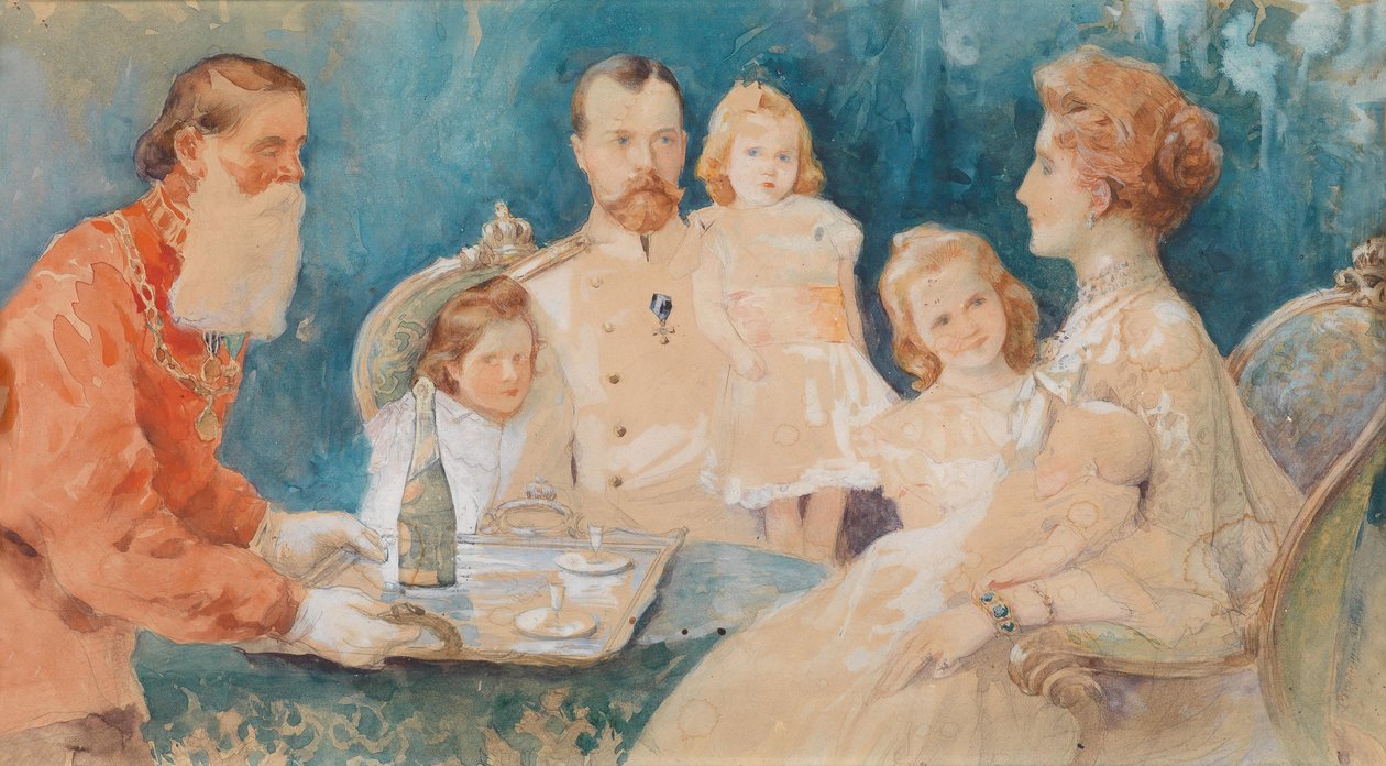 Tsar Nicholas II og Alexandra Fyodorovna med deres døtre Olga, Tatiana, Maria og Anastasia a av Elena Petrovna Samokish Sudkovskaya