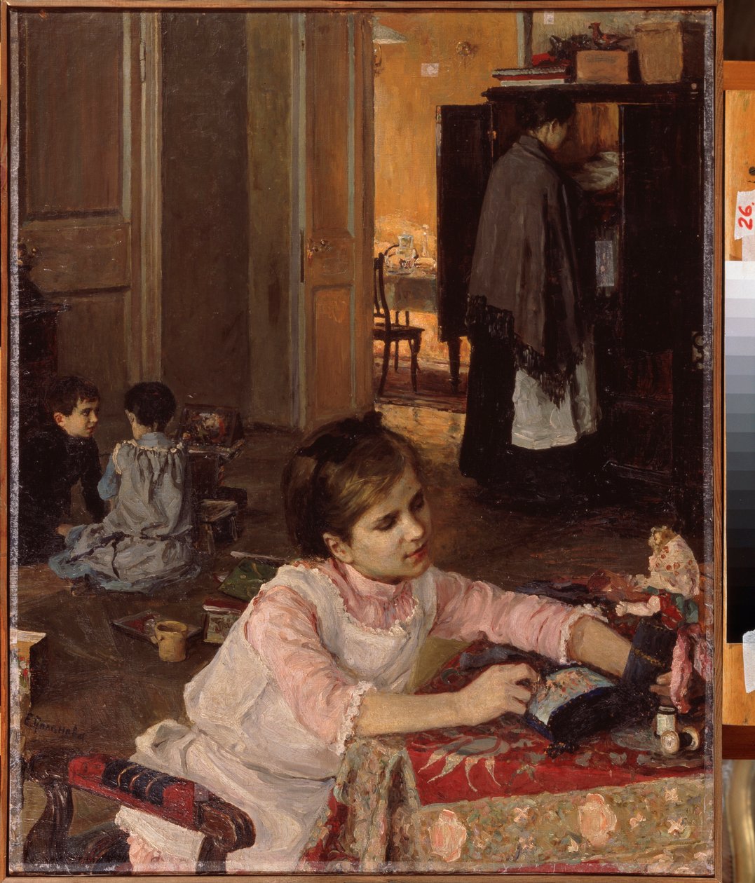 Barnerom (Barn leker med lekene sine, mens en hushjelp ordner klesvask i skapet) - Barnerom - Maleri av Elena Dmitryevna Polenova (1850-1898), olje på lerret av Elena Polenova