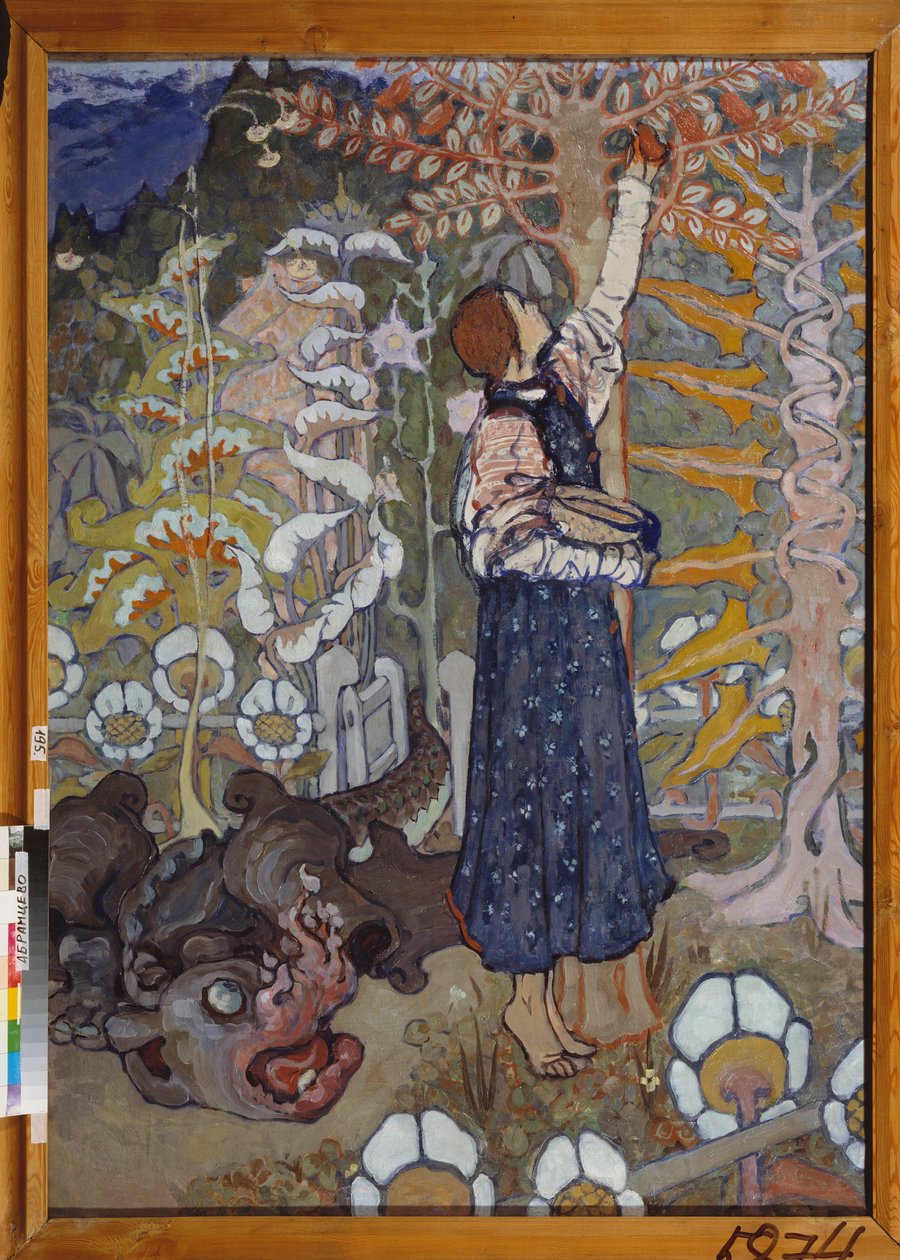 Un conte de fairy (La belle et la bete) - Et eventyr (Girl and the beast) - Maleri av Elena Dmitryevna Polenova (1850-1898), olje på lerret av Elena Polenova