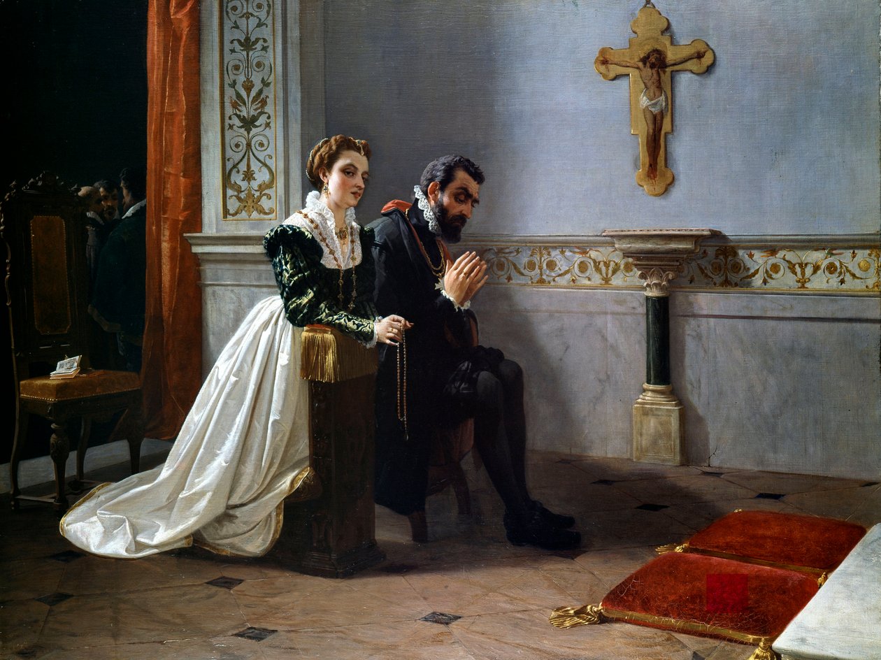 Bianca Cappello og Francois I de Medici (1541-1587) (Francesco Primo I de Medici) ber foran et krusifiks (olje på lerret) av Eleuterio Pagliano