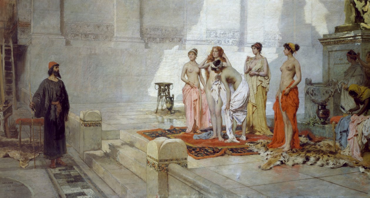 Zeuxis and the Maidens of Croton, av Eleuterio Pagliano (1826-1903), olje på lerret av Eleuterio Pagliano