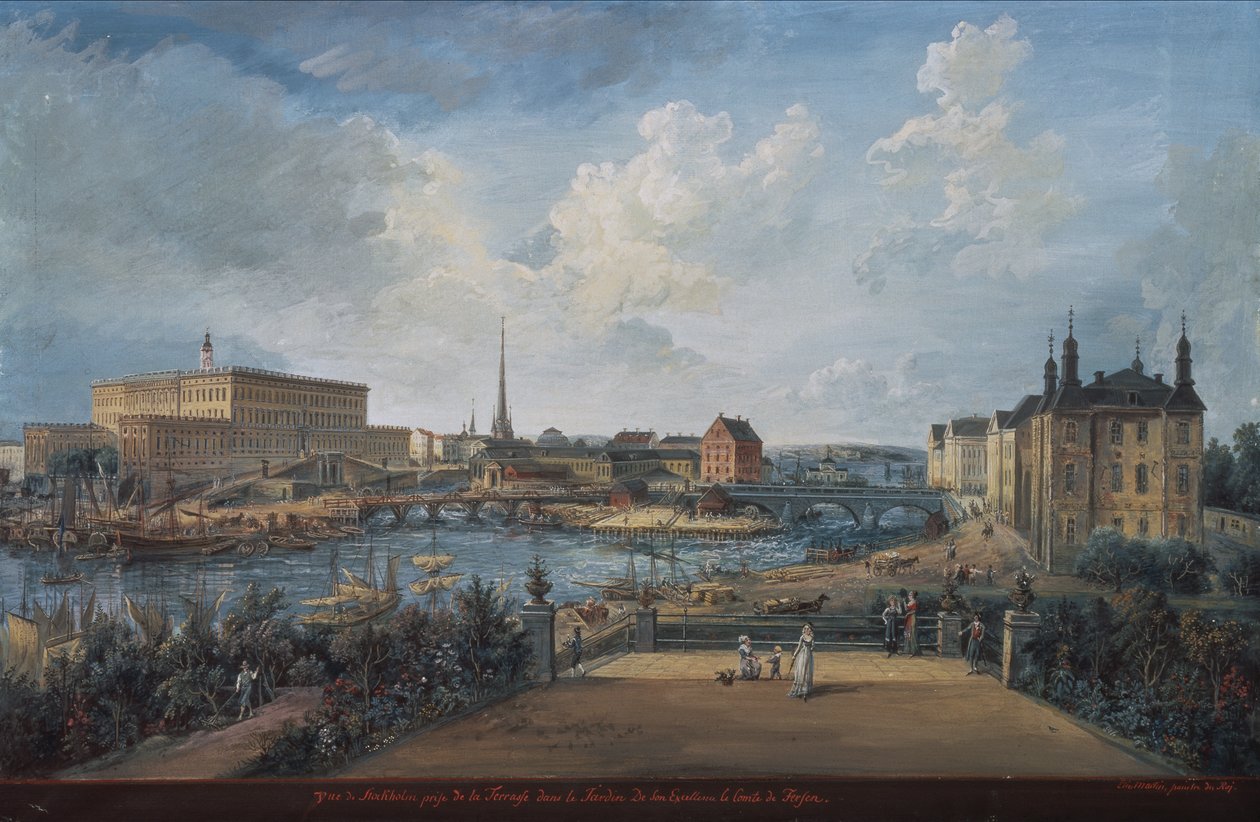 Utsikt over Stockholm fra Fersen-terrassen med Palace Makalos (gouache på lerret) av Elias Martin