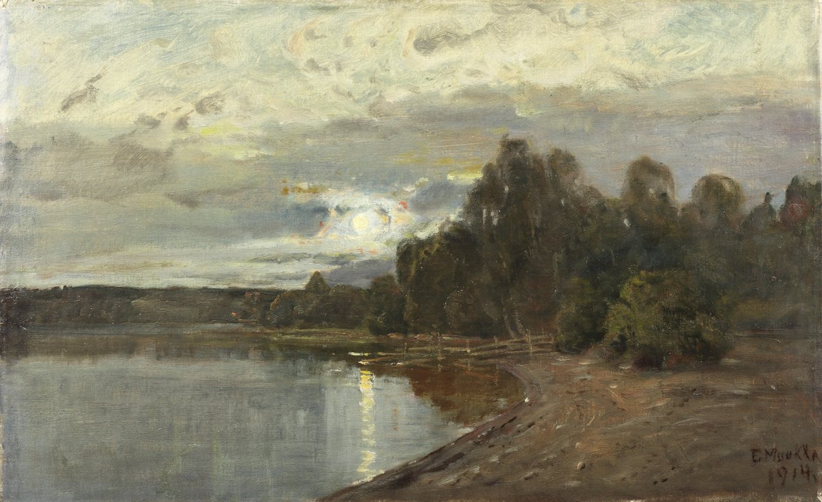 KuutamomaisemanEnglish: Landscape in MoonlightnSvenska: Insjolandskap med manskenn av Elias Muukka