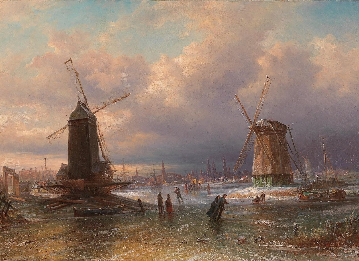 Vinterglede på isen utenfor en nederlandsk by av Elias van Bommel