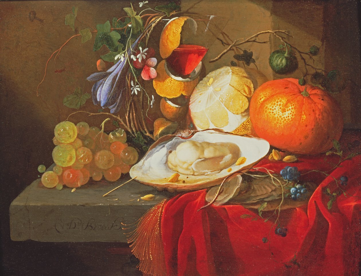 En østers, et glass vin og frukt på et bord dekket med en rød fløyelsdrapering av Elias van den Broeck