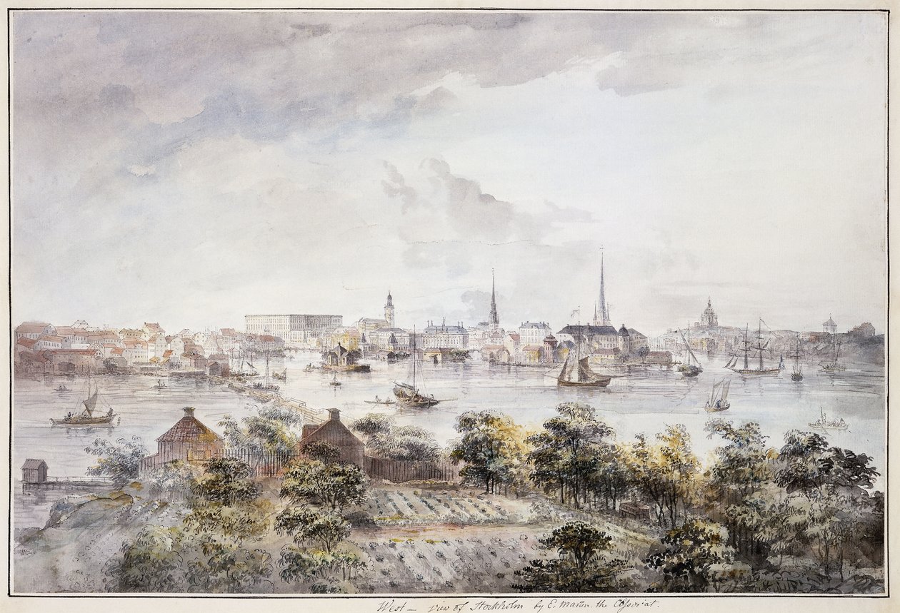Utsikt over Stockholm fra Kungsholmen med Slottet og Storkyrkan, Tyskakyrkan, Katarinakyrka og Riddarholmskyrkan, av Elias Martin