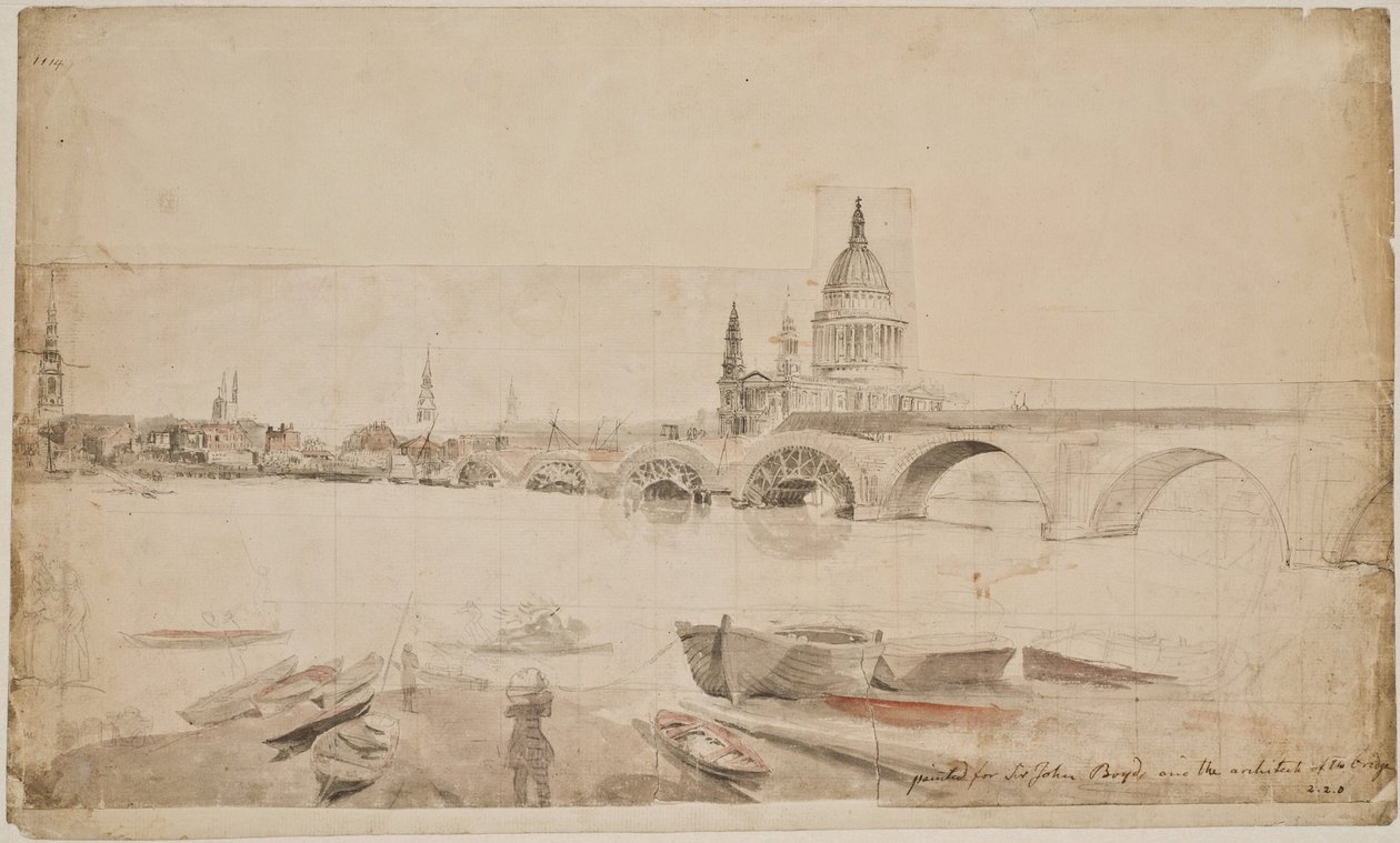London Bridge og St. Paul sett fra Themsens bredd av Elias Martin