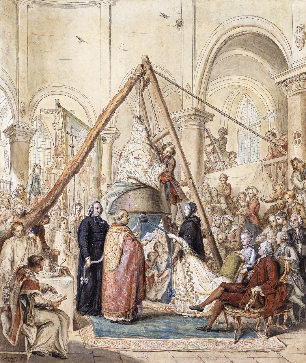 The Blessing of the Bell of the Village Church at Ormesson av Marquisse d"Ormesson, deltatt av hennes ektemann og landsbyboere, av Elias Martin