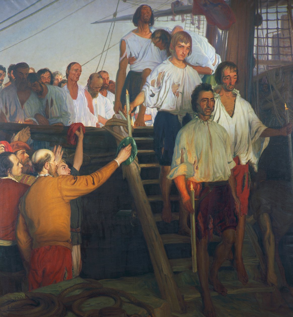 Juan Sebastian Elcano og hans mannskap, maleri av Elias Salaverria Inchaurrandieta