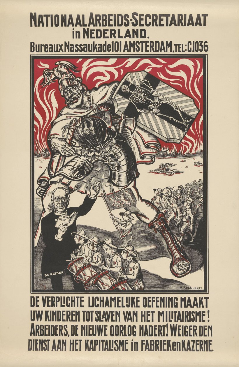 Plakat mot militarisme utgitt av National Workers Secretariat i Nederland av Elias Smalhout
