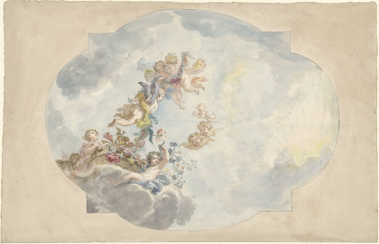 Design for et takmaleri med putti, blomster og girlandere av Elias van Nijmegen (possibly)