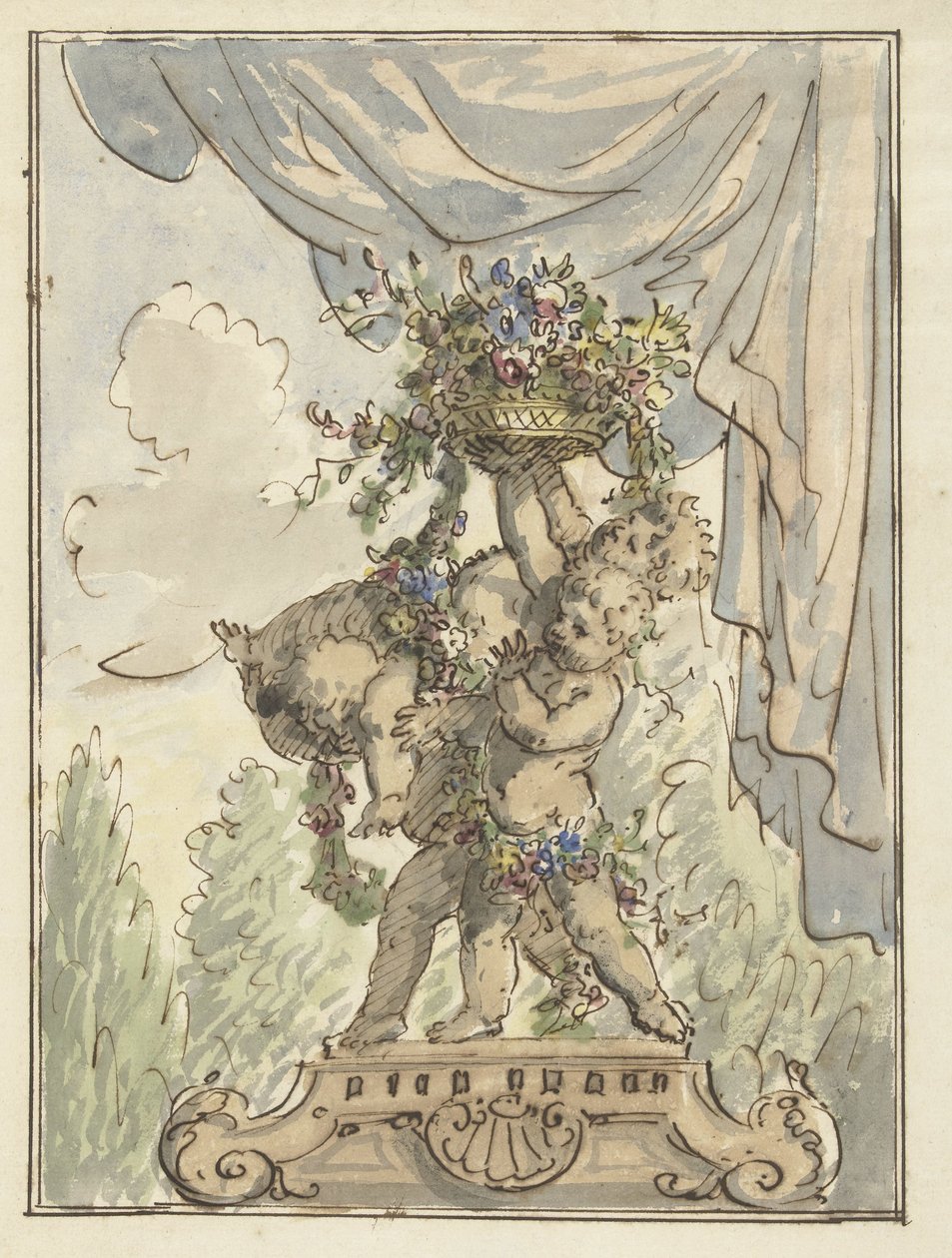 Tre putti med en blomsterkurv av Elias van Nijmegen
