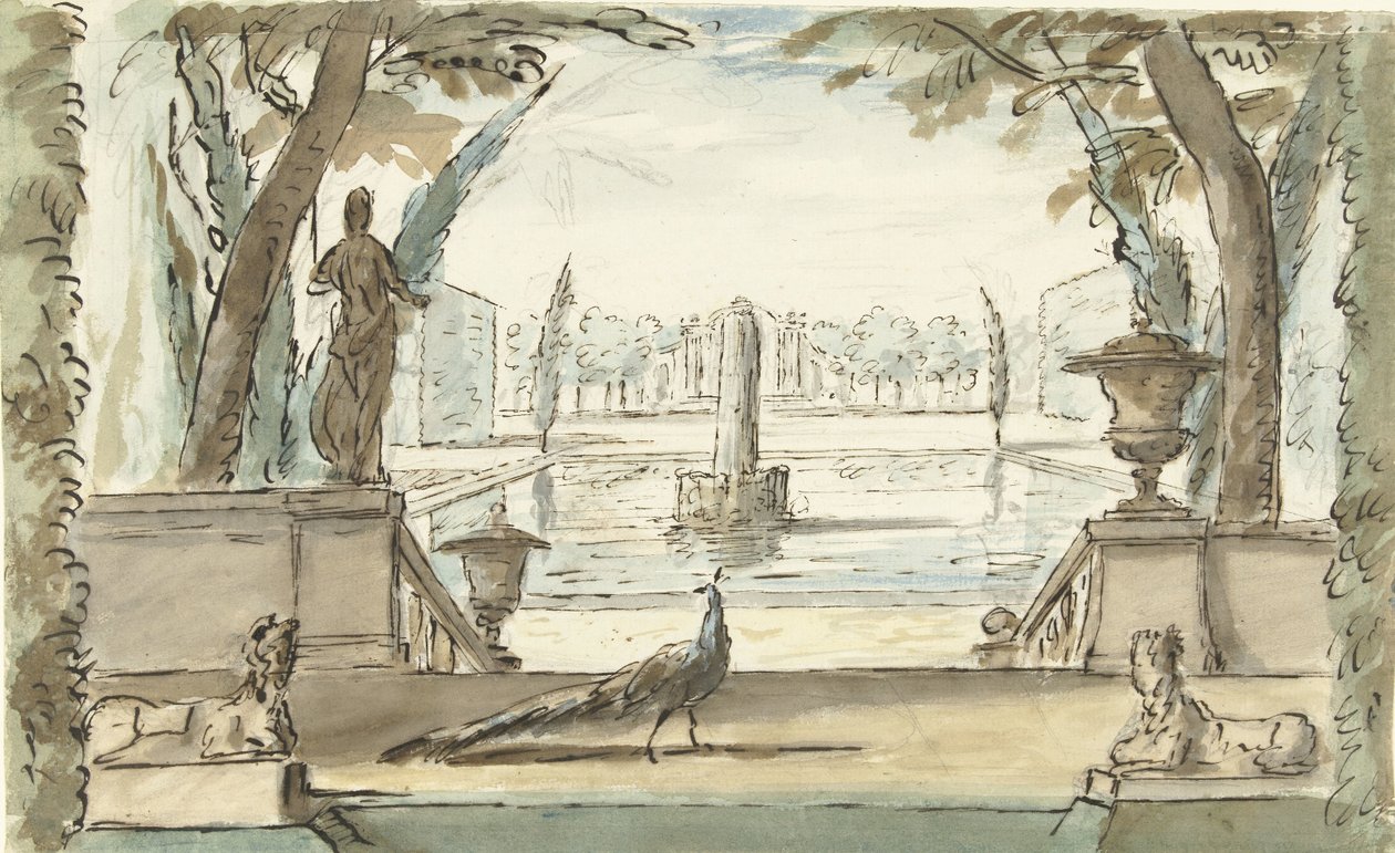 Utsikt i en hage med en dam, en fontene og en påfugl av Elias van Nijmegen