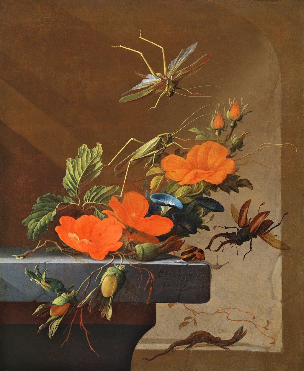 En bukett med roser, Morning Glory og hasselnøtter med gresshopper, hjortbille og øgle av Elias van den Broeck