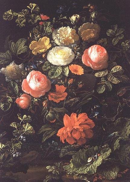 Stilleben med roser, insekter og snegler av Elias van den Broeck