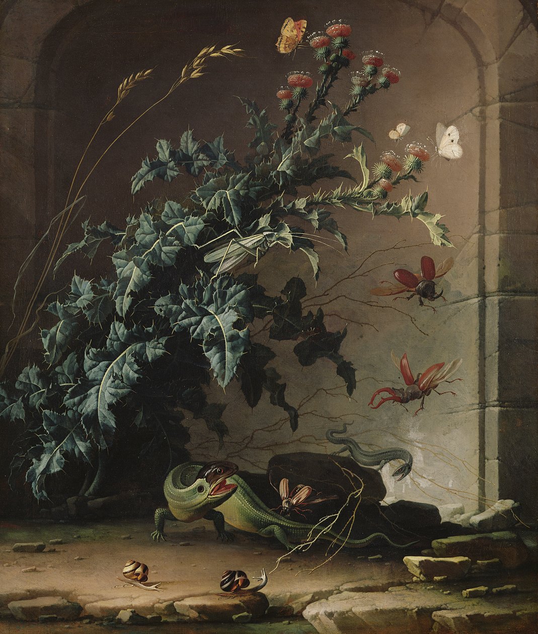 Steinnisje med tistel, øgle og insekter, 1690 av Elias van den Broeck