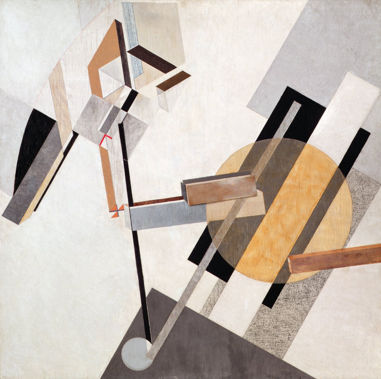 Proun-19-D, 1920 (Gesso, olje, lakk, fargestift, farget papir, sandpapir, millimeterpapir, papp, metallisk maling og metallfolie på kryssfiner) av Eliezer Markowich Lissitzky