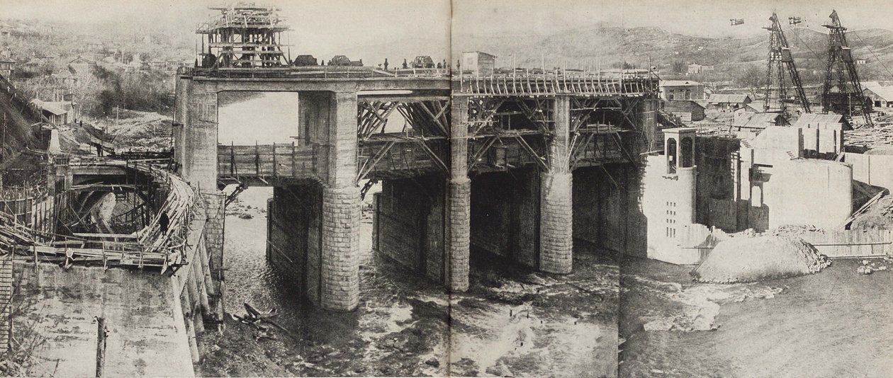 Rioni vannkraftverk. Illustrasjon fra USSR Builds Socialism, 1933. av Eliezer Markowich Lissitzky