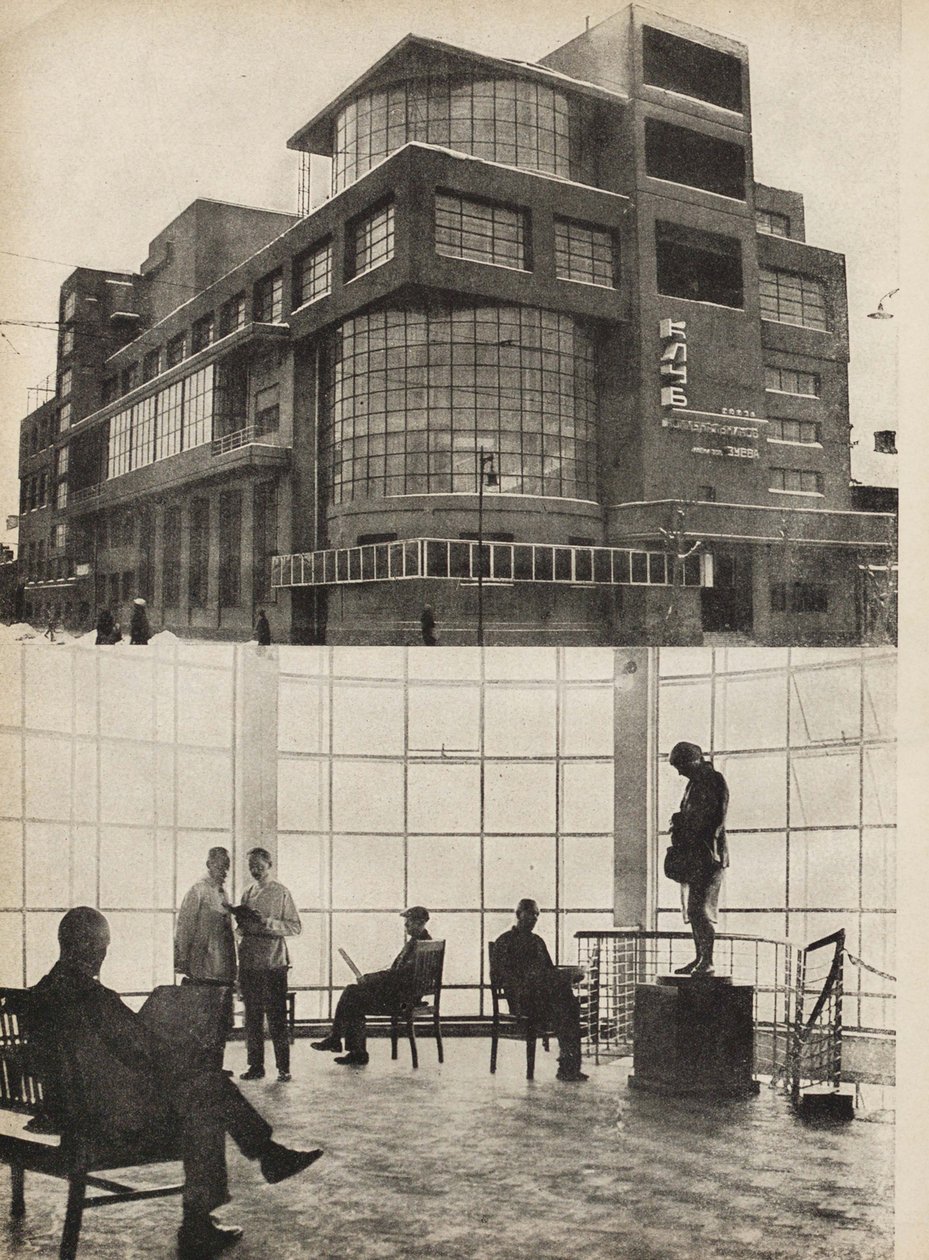 Zuyev Workers Club i Moskva. Illustrasjon fra USSR Builds Socialism, 1933. av Eliezer Markowich Lissitzky