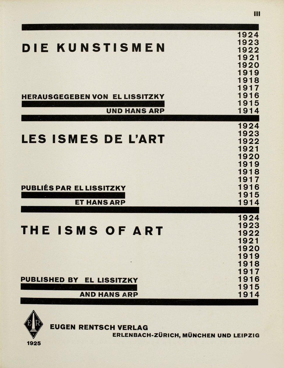 Tittelside: Kunstnene. The Isms of Art av El Lissitzky og Hans Arp, 1925. av Eliezer Markowich Lissitzky
