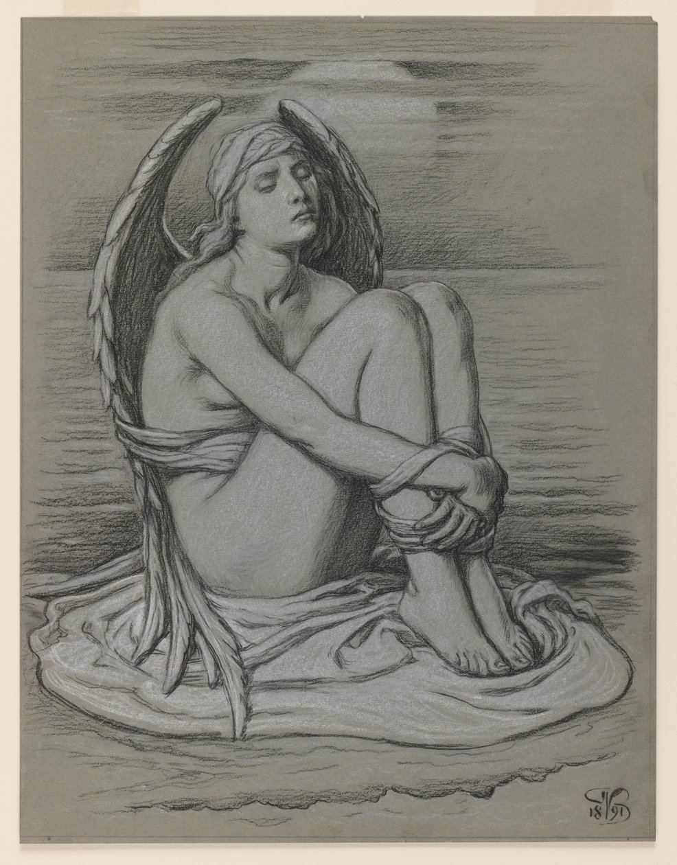 Bound Angel, 1891 (svart og hvitt kritt eller fargestift på vevd papir) av Elihu Vedder
