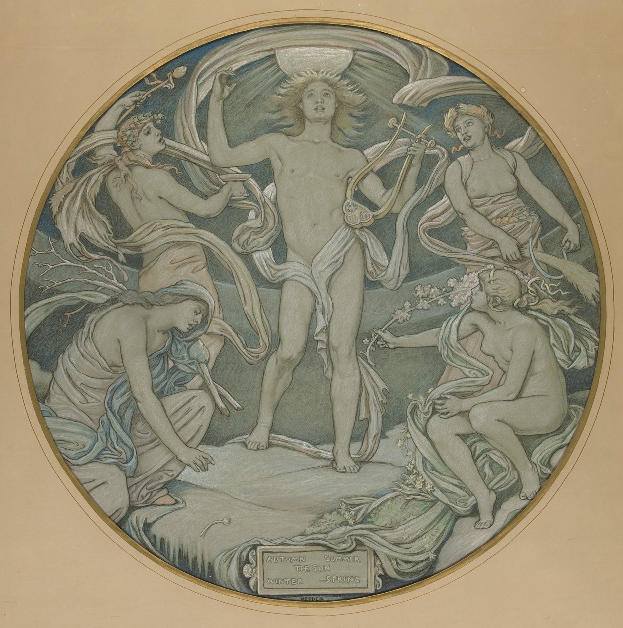 Tegneserie for Center Circle of Huntington Ceiling: Apollo and Attendants av Elihu Vedder