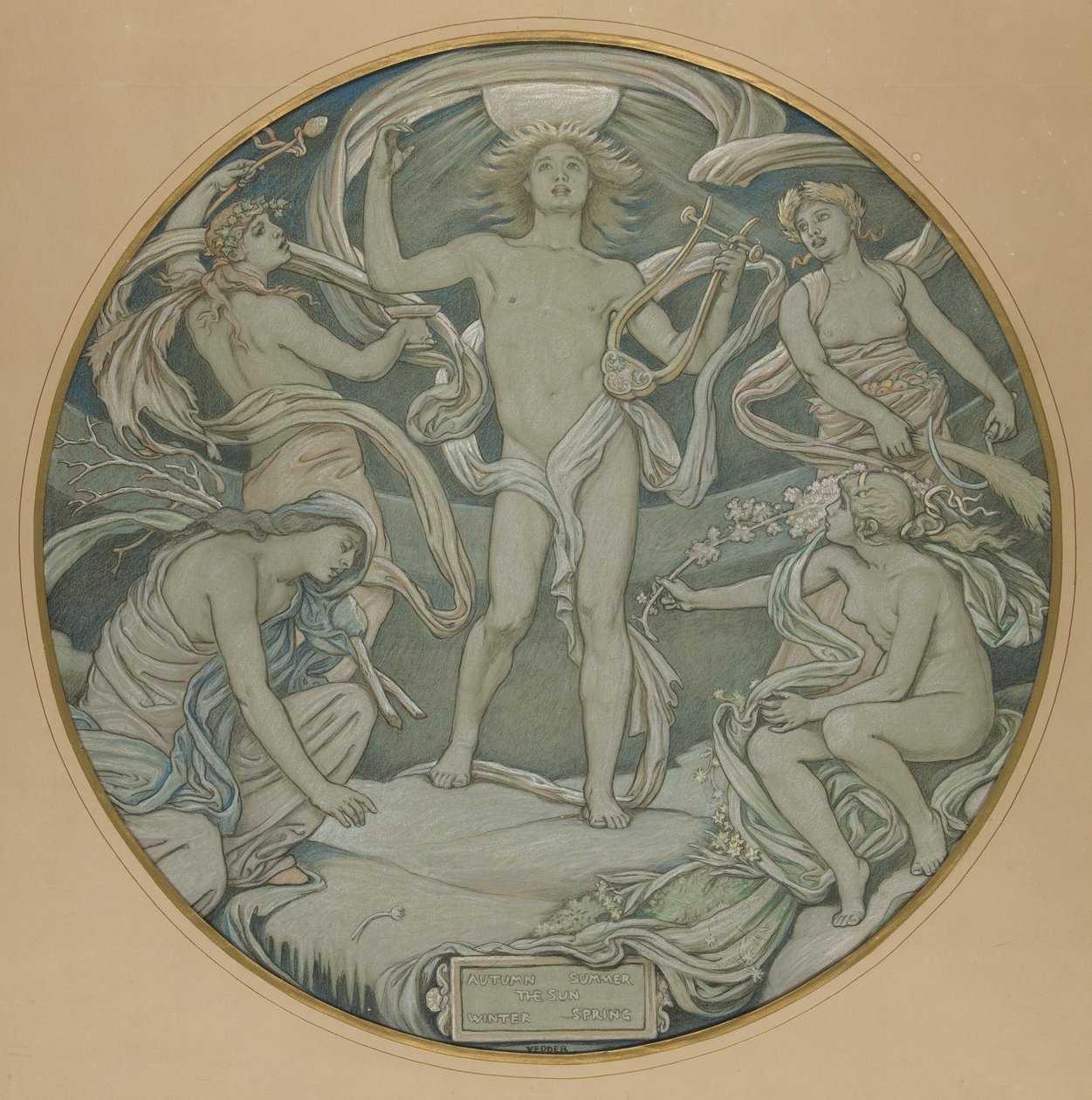 Kartong til midtsirkelen i Huntington-taket: Apollon og følge av Elihu Vedder