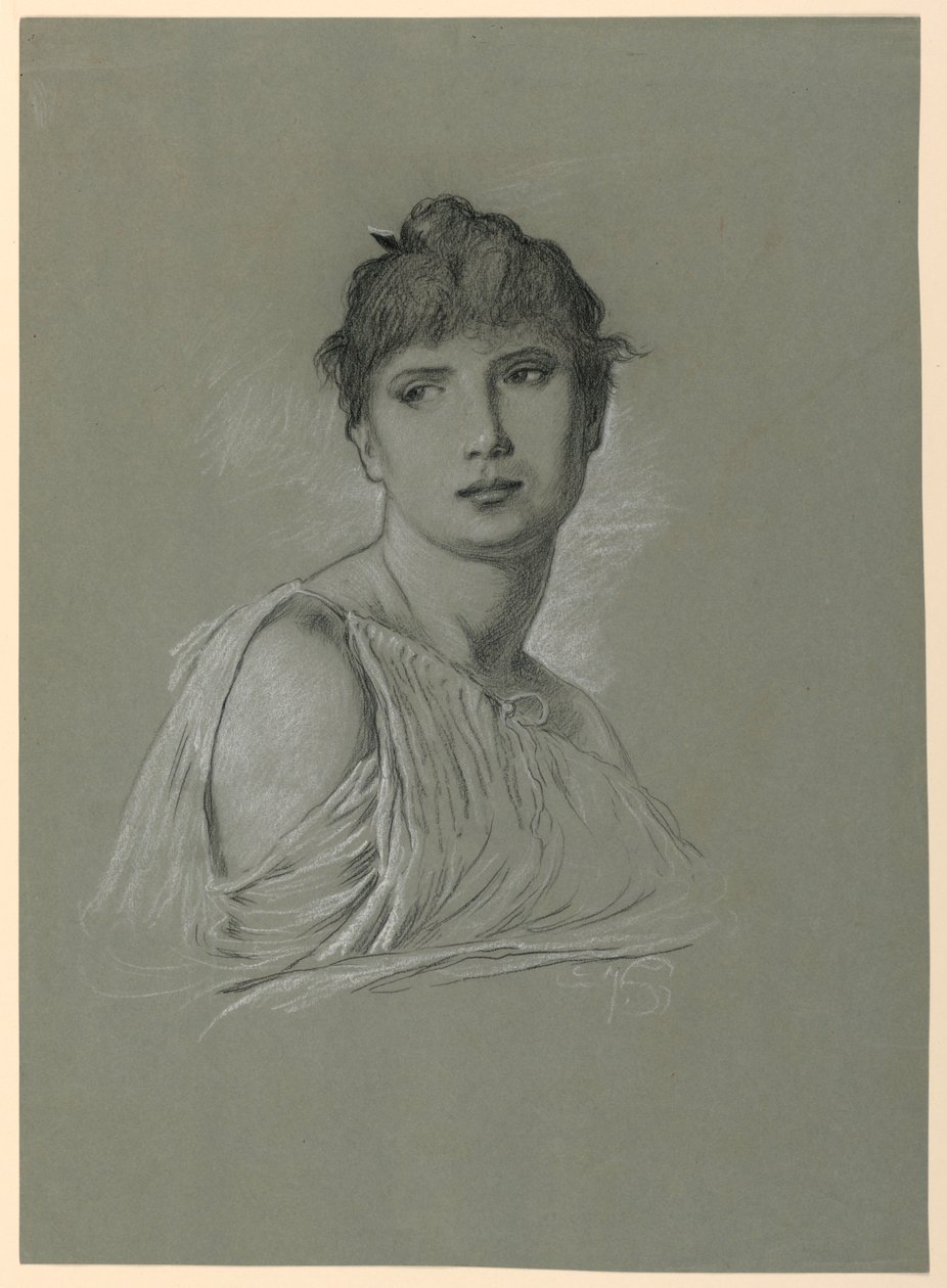 Tegning, portrettskisse av en ung kvinne, ca. 1885 av Elihu Vedder