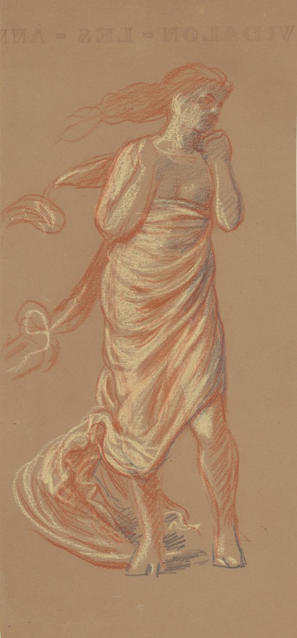 Stående drapert kvinnefigur, ca. 1872-77 (fargestift på vevd papir) av Elihu Vedder