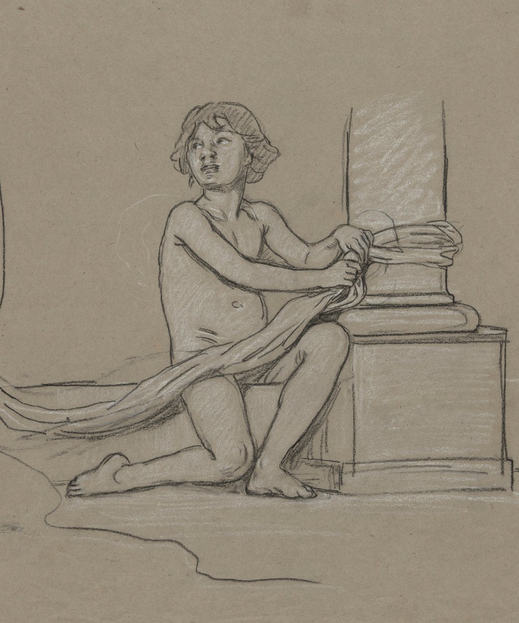 Studie for Young Boy Crouching Next to Column av Elihu Vedder