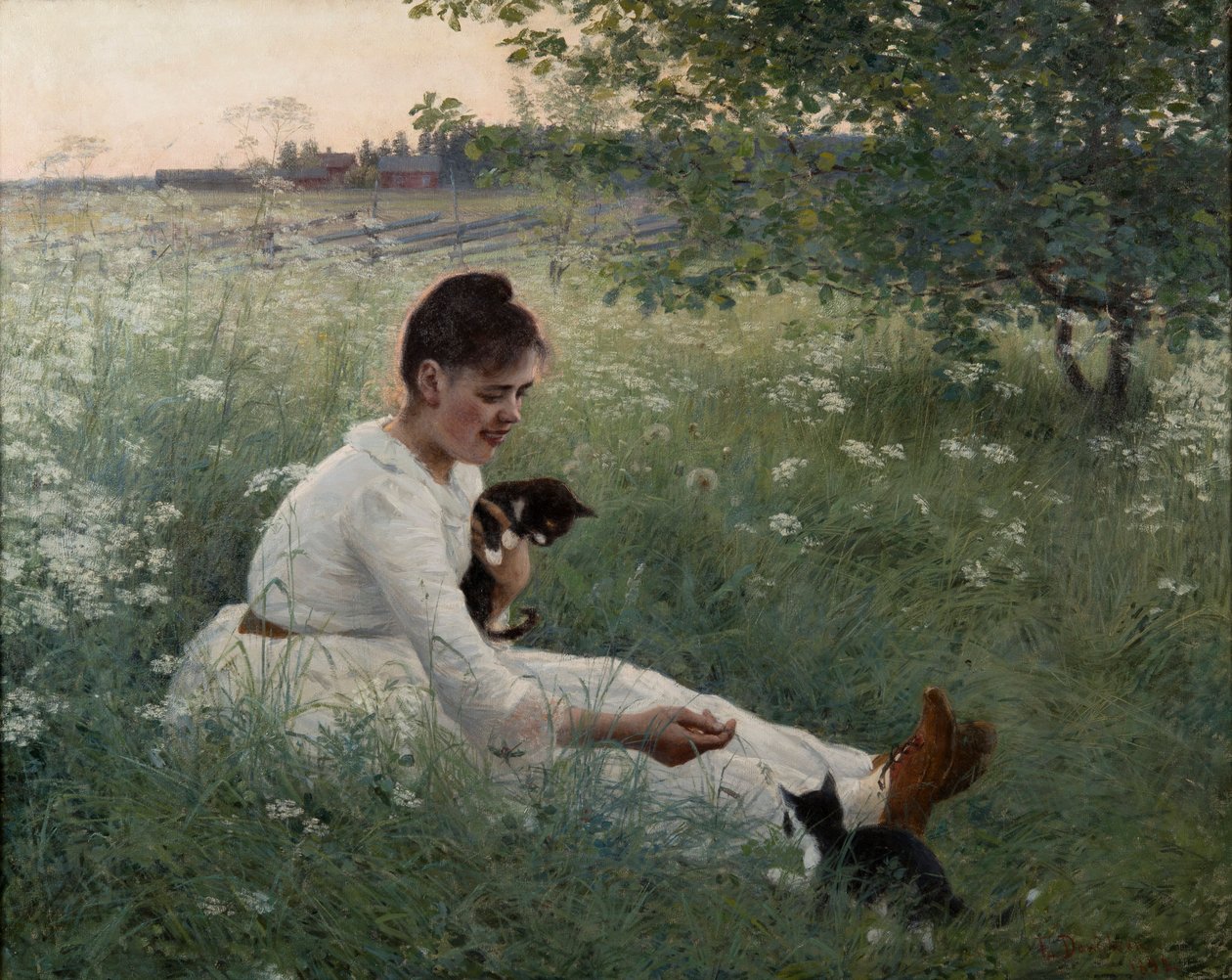 Ung jente med katter i et sommerlandskap - Pike med katter i et sommerlandskap - Elin Danielson-Gambogi (1861-1919). olje på lerret av Elin Danielson Gambogi
