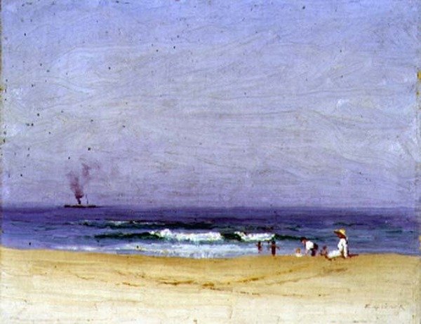 On the Beach (olje på lerret) av Elioth Gruner