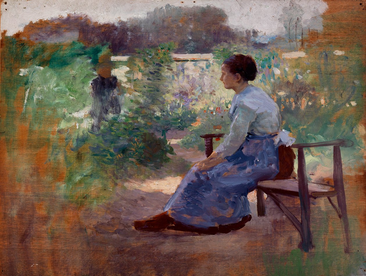 Kvinne sitter i en hage, slutten av 1800-begynnelsen av 1900-tallet. av Eliphalet Frazer Andrews