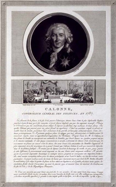 Calonne, finanskontrollør, i 1787, portrett gravert av Charles Levachez (fl. 1760-1820), med en scene fra Assembly of the Notables av Jean Duplessis-Bertaux (1747-1819), ca. 1803 (gravering) av Elisabeth Louise (after) Vigee Lebrun