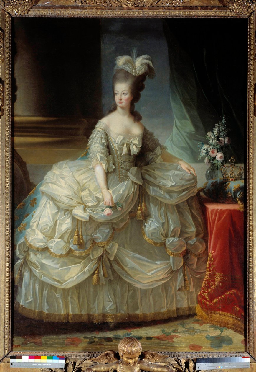 Portrett i foten av Marie Antoinette av Lorraine Habsburg Dronning av Frankrike (1755-1793) i stor hoffdrakt, en rose i hånden Maleri av Marie Elisabeth Louise Vigee Le brun (eller Vigee-Lebrun eller Vigee Lebrun) (1755-1842) 1700-tallet Sol. 2,23 x 1,58 m av Elisabeth Louise Vigee Lebrun