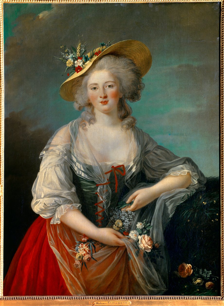 Portrett av Elisabeth Philippine Marie Helene fra Frankrike kjent som Madame Elisabeth (1764-1794), søster av Louis XVI representert i 1782, i en landsdrakt som presenterer blomster Maleri av Marie Elisabeth Louise Vigee Le brun (eller Vigee-Lebrun eller V av Elisabeth Louise Vigee Lebrun