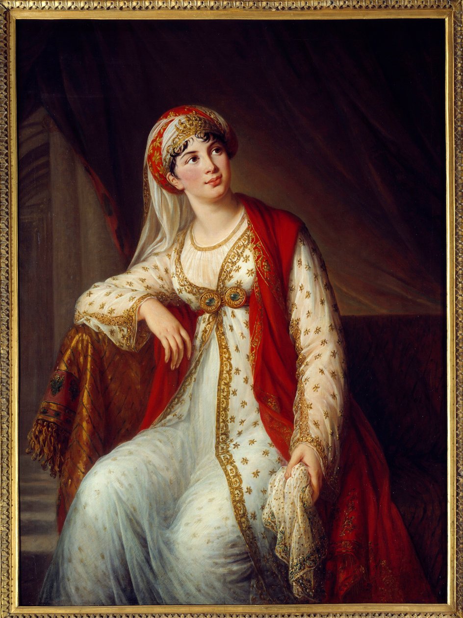 Portrett av den italienske sangeren Giuseppina Grassini (1773-1850) i rollen som Zaire i Voltaires skuespill med samme navn (1694-1746) Hun var elskerinnen til Napoleon Bonaparte og hertugen av Wellington. Maleri av Marie Elisabeth Louise Vigee Le brun (ou av Elisabeth Louise Vigee Lebrun